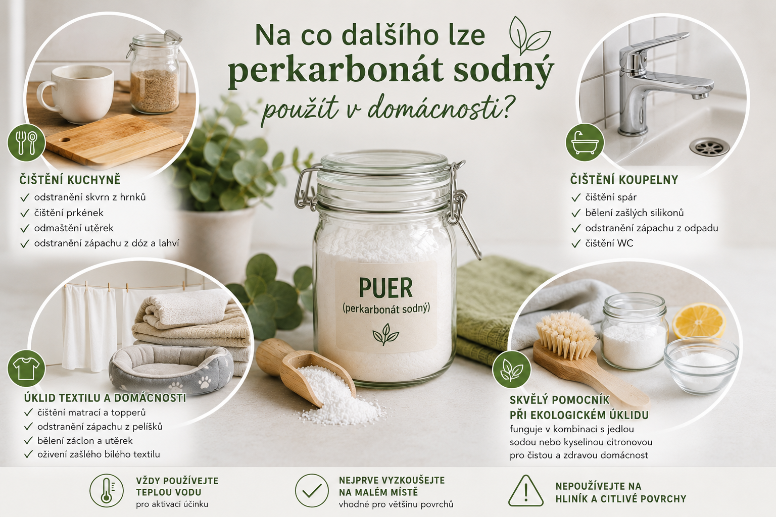 Infografika ekologického využití perkarbonátu sodného (PUER) v domácnosti – čištění koupelny, kuchyně, textilu a ekologický úklid pomocí aktivního kyslíku.